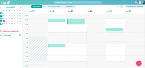 Capture d’un agenda professionnel : vue hebdomadaire des créneaux.